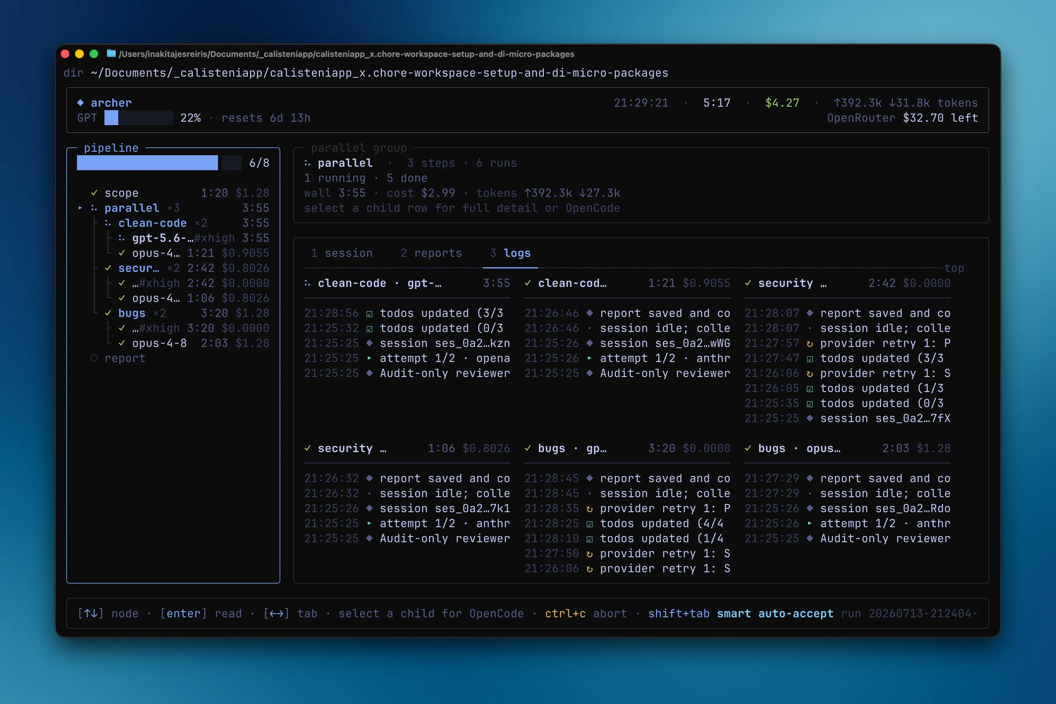 The convoy TUI running a pipeline with parallel agents: pipeline panel on the left, live logs on the right, cost and token usage in the header